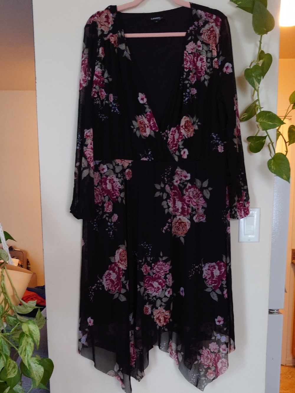 George Black Floral Midi Dress with Pink and Mauve Roses